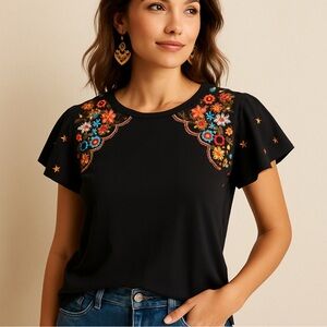 THML Black Floral Embroidered Flutter Sleeve Top